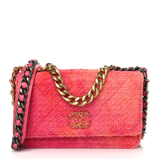 CHANEL Wool Tweed Lambskin Quilted Chanel 19 Wallet On Chain WOC Coral Pink | FASHIONPHILE (US)