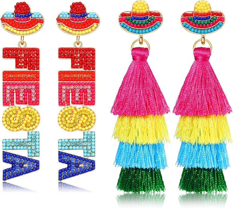 2 Pairs Mexican Earrings: Cinco De Mayo Fiesta Layered Tassel Earrings, Piata Sombrero Chili Pepp... | Amazon (US)