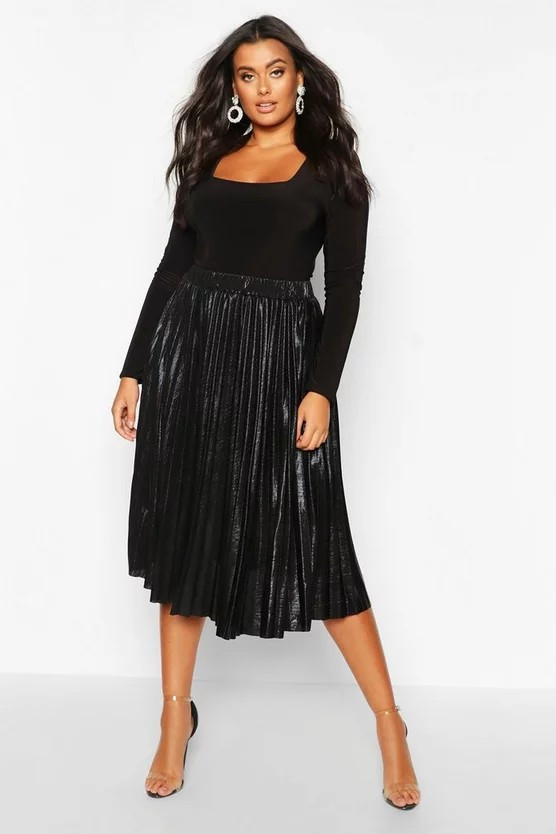 Plus Metallic Pleated Midi Skirt | Boohoo.com (US & CA)