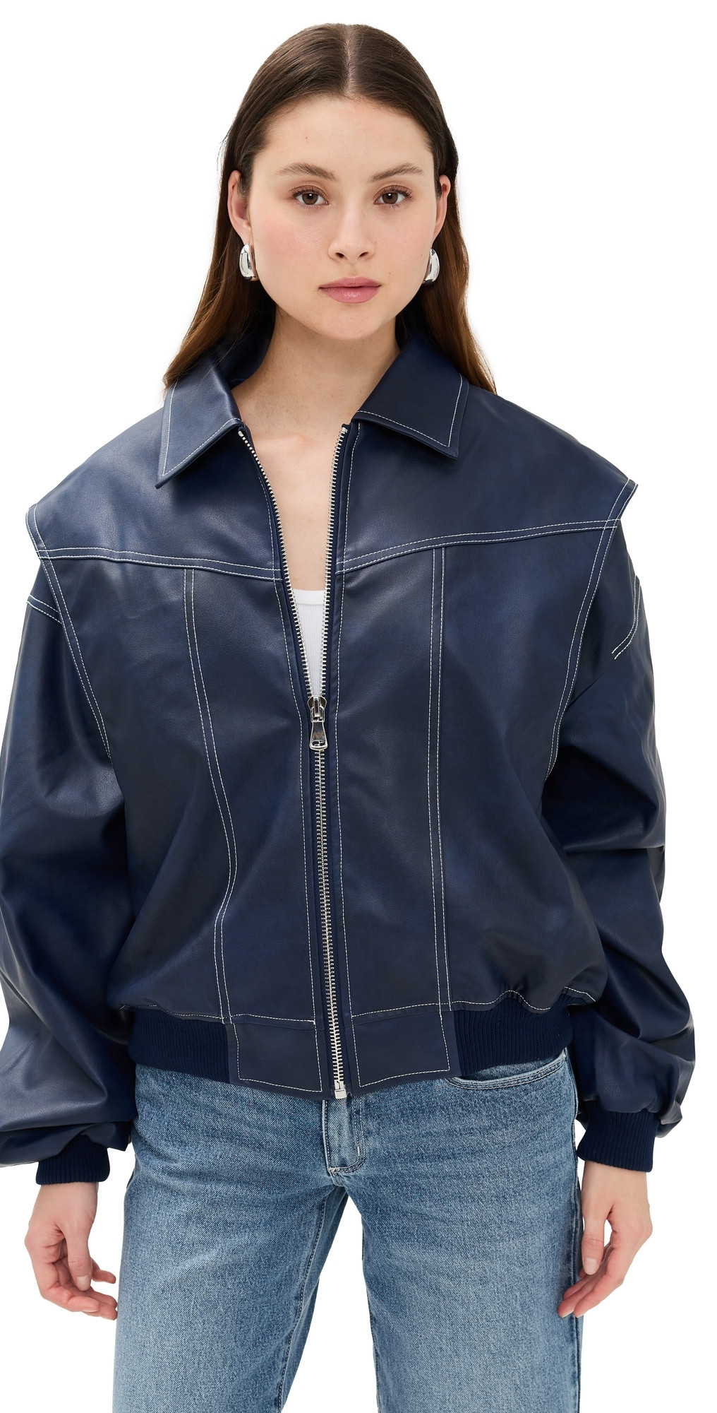 Lioness Vista Faux Leather Bomber Jacket Navy XL | Shopbop