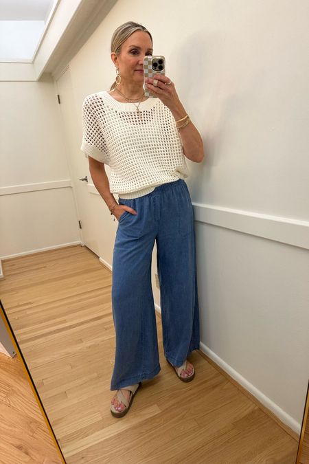 My Kohls open knit tcrocjet top has been restocked! Wearing a medium. Love these Splendid wide leg palazzo pants—so soft and comfortable! Wearing an xs. Mephisto sandals are great for travel. Summer outfit, weekend outfit, work outfit 

#LTKSaleAlert #LTKOver40 #LTKFindsUnder50