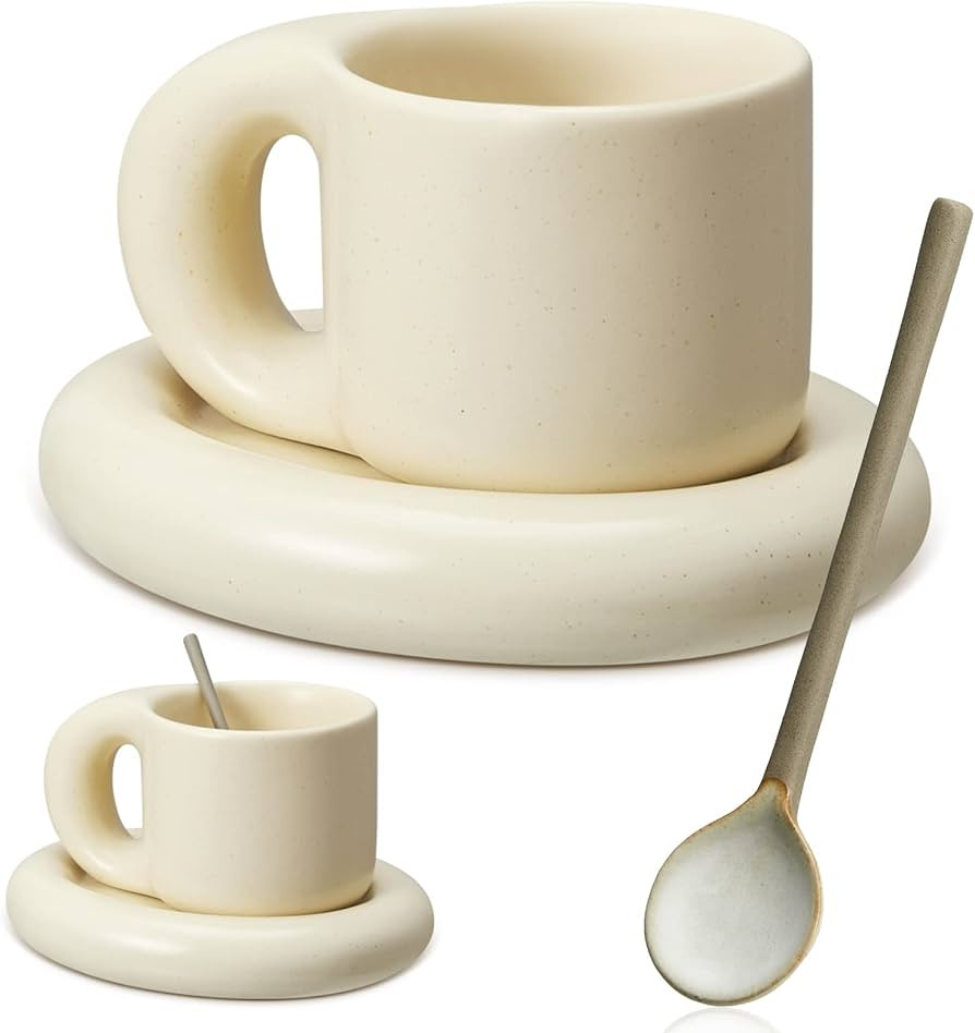 Chubby Funny Coffee Mug with Saucer and Spoon 9 Oz Vintage Frosted Handmade Ceramic Mug Novelty C... | Amazon (US)