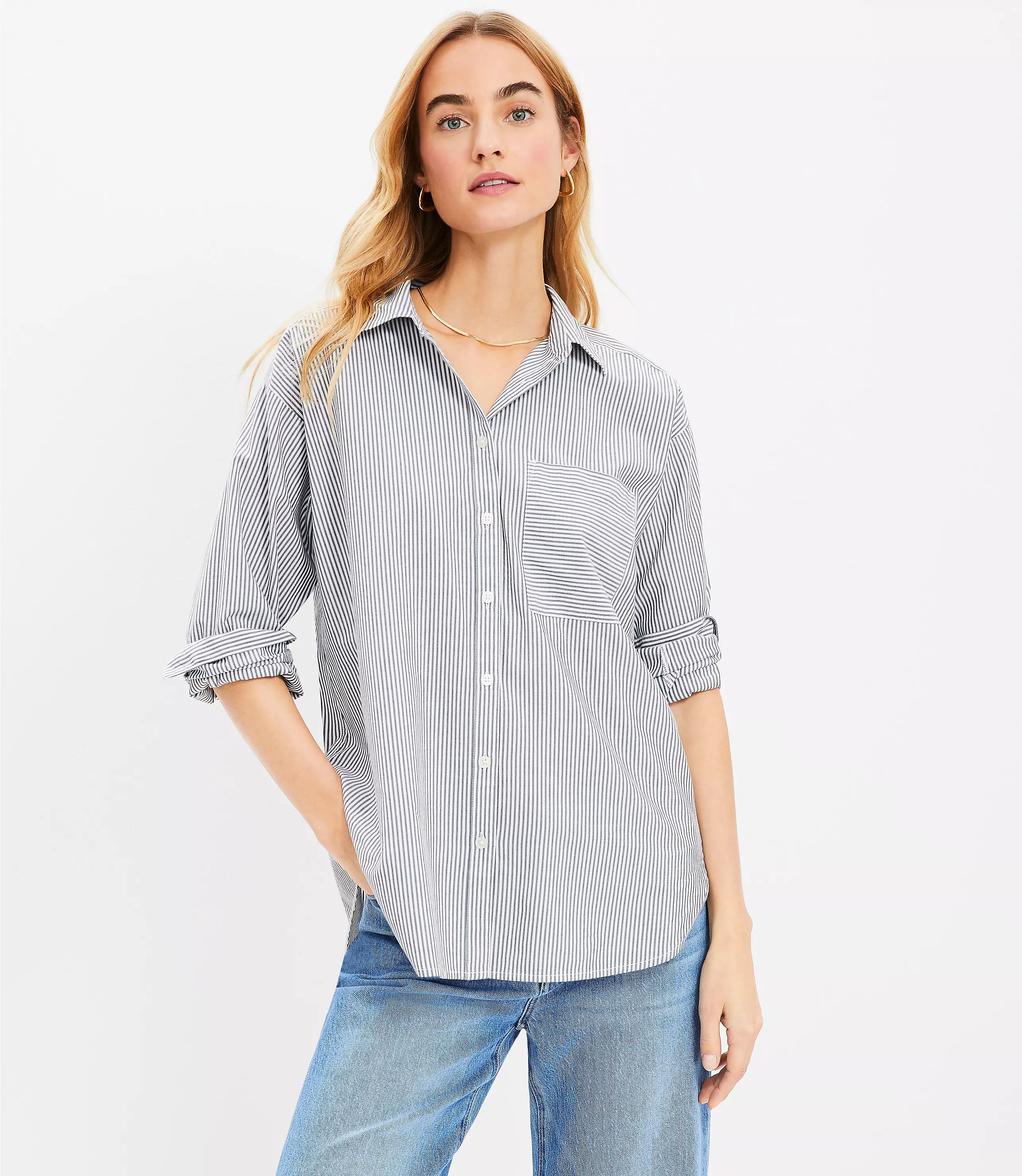 Striped Cotton Blend Oversized Shirt | LOFT