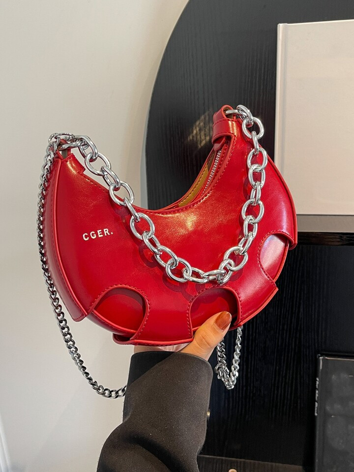 Fashionable Armpit Bag With Letter Print And Metal Chain Decoration Crossbody Crescent Bag Trendy... | SHEIN