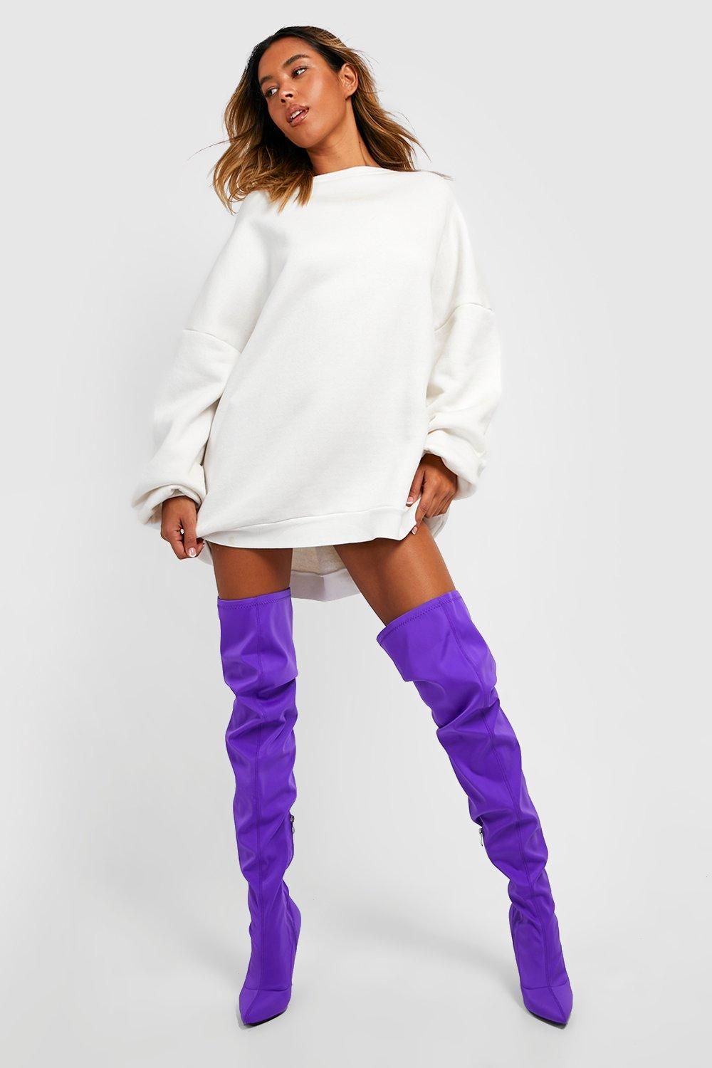 Womens Stretch Neoprene Thigh High Stiletto Boots - Purple - 5 | Boohoo.com (US & CA)
