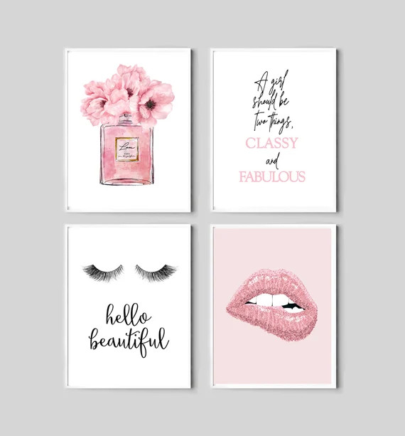Perfume Print Set of 4 Fashion Wall Art Lips Poster Blush - Etsy | Etsy (US)