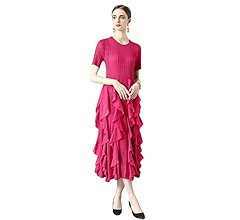 LAI MENG FIVE CATS Women's Pleated Round Neck Long Sleeve Stretchy Ruffle Party Midi Dress | Amazon (US)