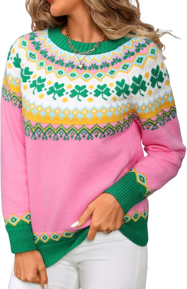 Women's Fair Isle Sweater, Lucky Clover Patterned Chunky Knit 2026 Spring Holiday Pullover | Amazon (US)