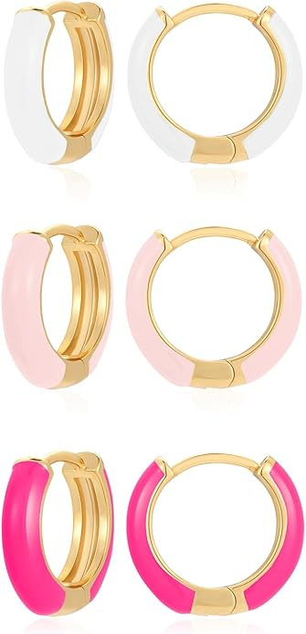 Small Hoop Enamel Earrings for Women, 18K Gold Plated Colorful Hypoallergenic Cute Cubic Zirconia... | Amazon (US)