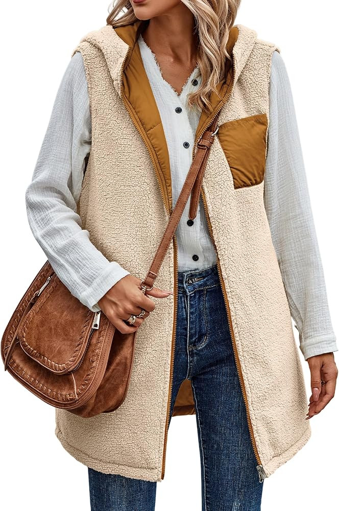 ECOWISH Women Long Puffer Vest: Fall Zip up Reversible Fleece Jacket 2023 Winter Warm Sleeveless ... | Amazon (US)