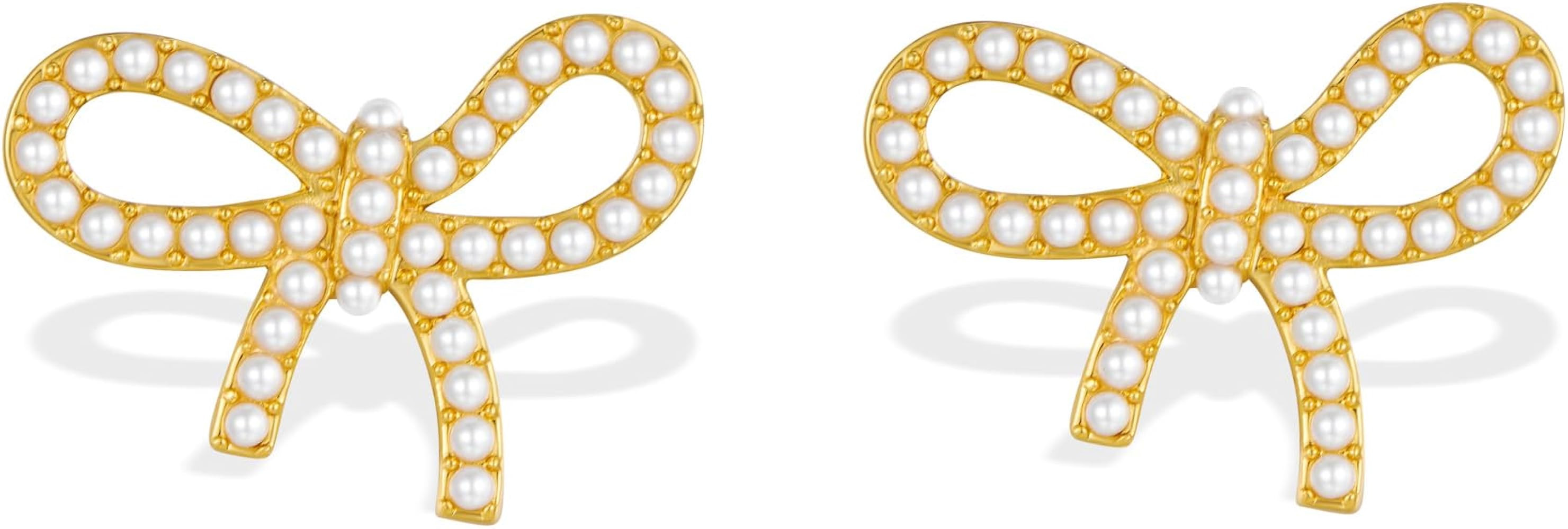Gold Bow Stud Earrings For Women Cute CZ Rhinestone Pearl Bowknot Statement Earrings Dainty Bow J... | Amazon (US)