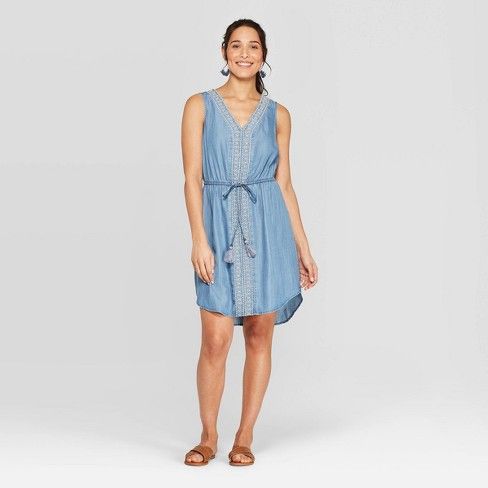 Women's Sleeveless V-Neck Denim E-Waist Dress With Embroidery - Knox Rose™ Blue | Target