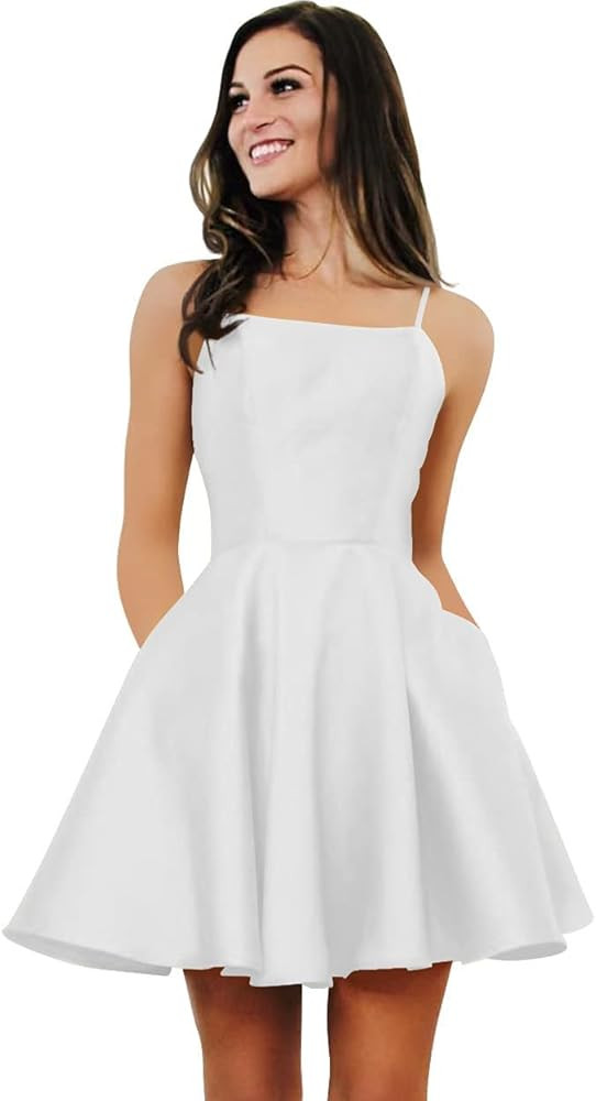 WORDSKEI Square Neck Prom Dress Short Satin A-Line Mini Homecoming Dresses with Pockets | Amazon (US)