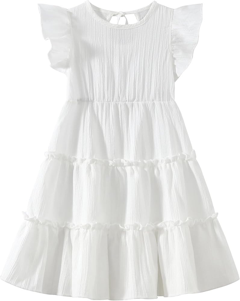 Girls Summer Dresses Tiered Crinkle Flowy Ruffle Sleeve A-Line Swing Backless Bow Lace-up Dress S... | Amazon (US)