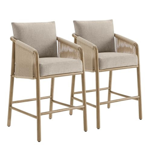 CHITA Paper Cord Braid Counter Height Barstools Set of 2, Fabric Upholstered Woven Rope Counter Stools with Back and Armrest for Kitchen Island Home Bar, 27" Seat Height, Khaki | Amazon (US)
