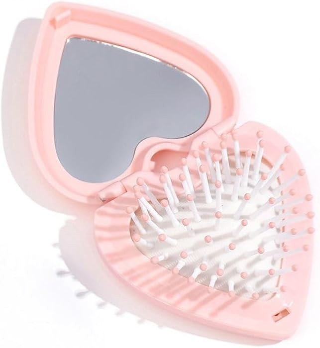 Pink Heart Hair Brush With Mirror, Air Cushion Folding Brush, and Massage Styling Tools for Women... | Amazon (US)