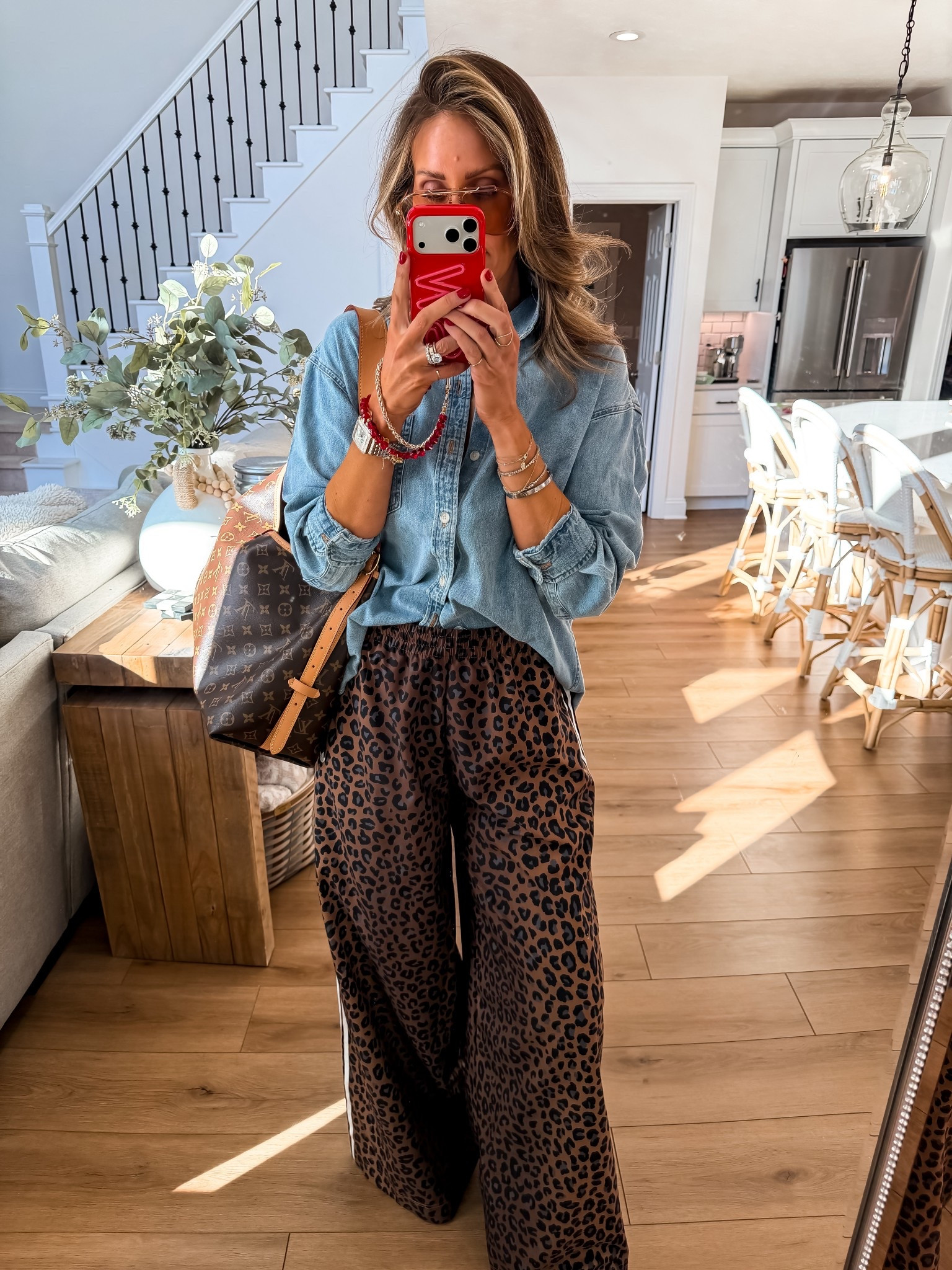 Leopard pants size medium 
Travel outfit, travel style, denim shirt mom style 

#LTKMidsize #LTKTravel #LTKOver40