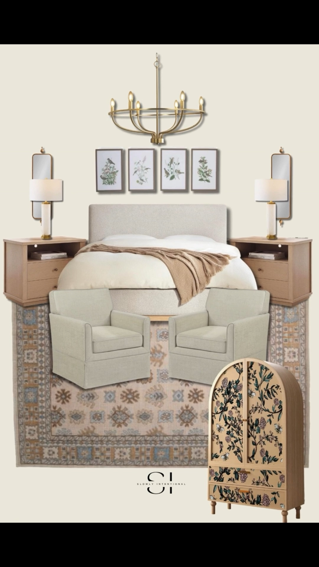 This bedroom is a combination of high and low price points that all work together. neutral bedroom decor, organic modern style, master bedroom ideas, botanical wall art, brass chandelier, upholstered bed frame, light wood nightstands, transitional home, neutral rug, floral arched cabinet. Amazon finds, Walmart finds, Wayfair home, Amazon home

#LTKHome