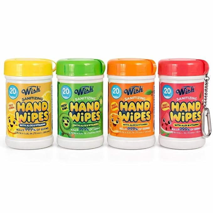 Wish Hand Wipes Keychain 4 Pack, 20 Wipes Each, Travel Size Wet Wipes – Lemon, Watermelon, Oran... | Amazon (US)