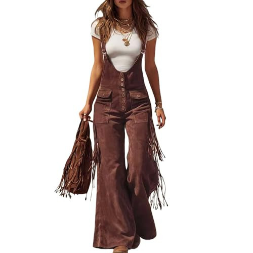 Toipkt Western Jumpsuit for Women Dressy Casual Fringe Suede Western Outfit Adjustable Straps Fringe Pants Wide Leg Overalls | Amazon (US)