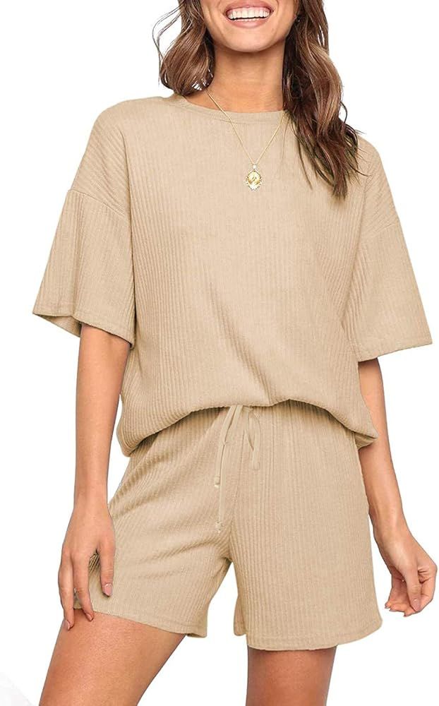 KIRUND 2021 Summer Women’s Pajama Sets Half Sleeves T-shirt Drawstring Belt Shorts with Pockets... | Amazon (US)