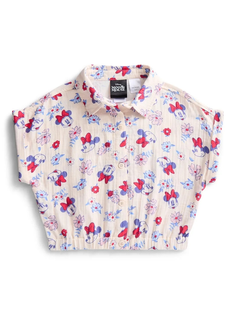 Disney Minnie Mouse Girls Printed Button Up Shirt, Sizes 4-16 | Walmart (US)