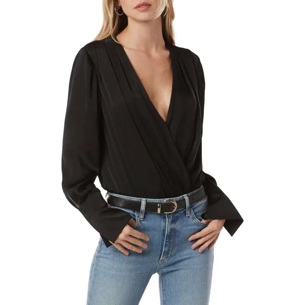 Favorite Daughter Surplice Long Sleeve Satin Bodysuit in Black at Nordstrom, Size X-Large | Nordstrom