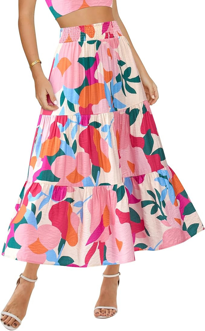 BTFBM Skirts for Women Floral Print Fall Fashion 2026 A Line Elastic High Waist Boho Holiday Maxi... | Amazon (US)