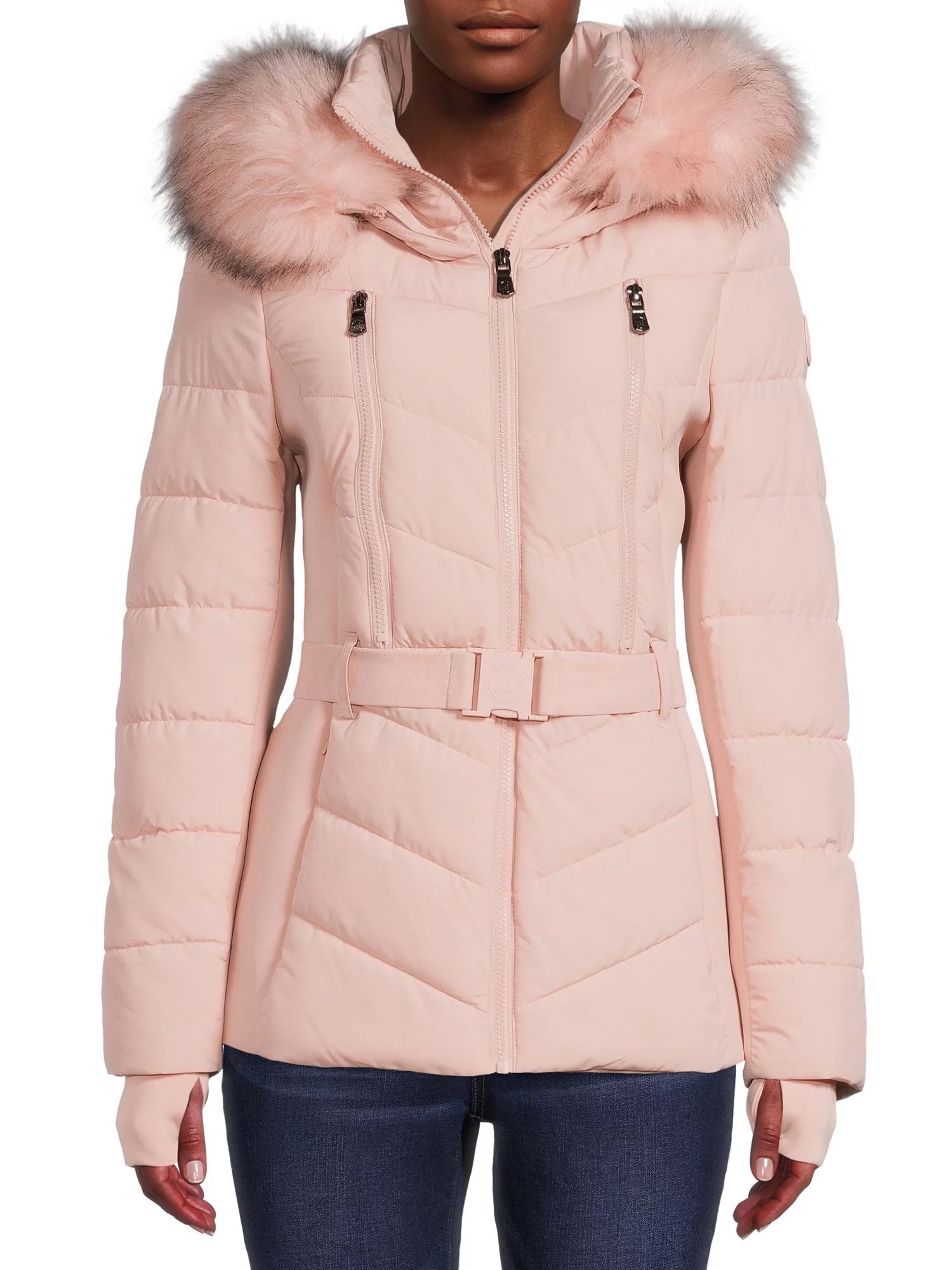 F.O.G. Women's and Plus Belted Puffer Coat with Faux Fur Hood - Walmart.com | Walmart (US)