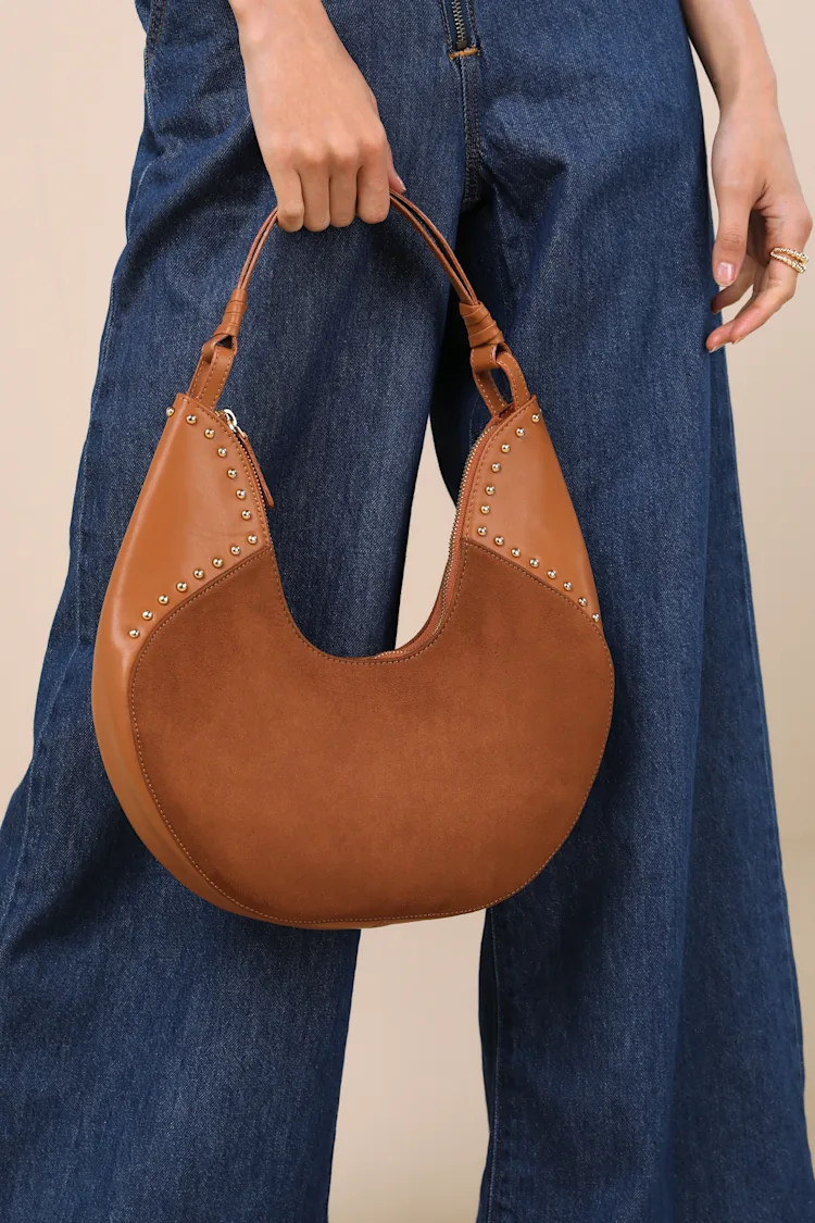 Wilima Brown Suede Studded Crescent Shoulder Bag | Lulus