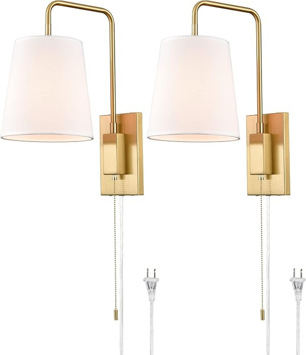 Wall Sconces Set of Two, Gold Fabric Shade Wall Sconce Bedroom Plug-in Wall Lamp Set of 2 | Amazon (US)