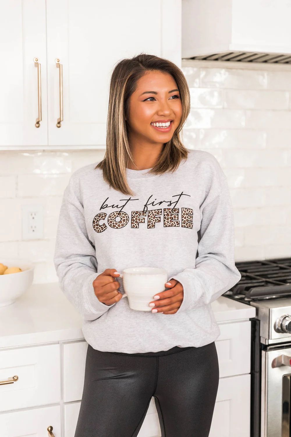 But First Coffee Animal Print Ash Graphic Sweatshirt | Pink Lily