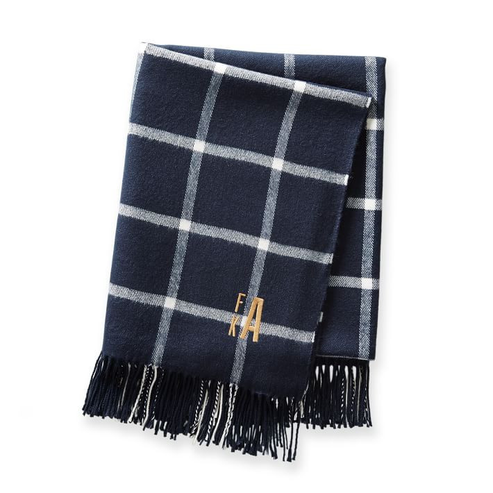 Windowpane Throw Blanket with Fringe, Navy-Ivory | Mark and Graham