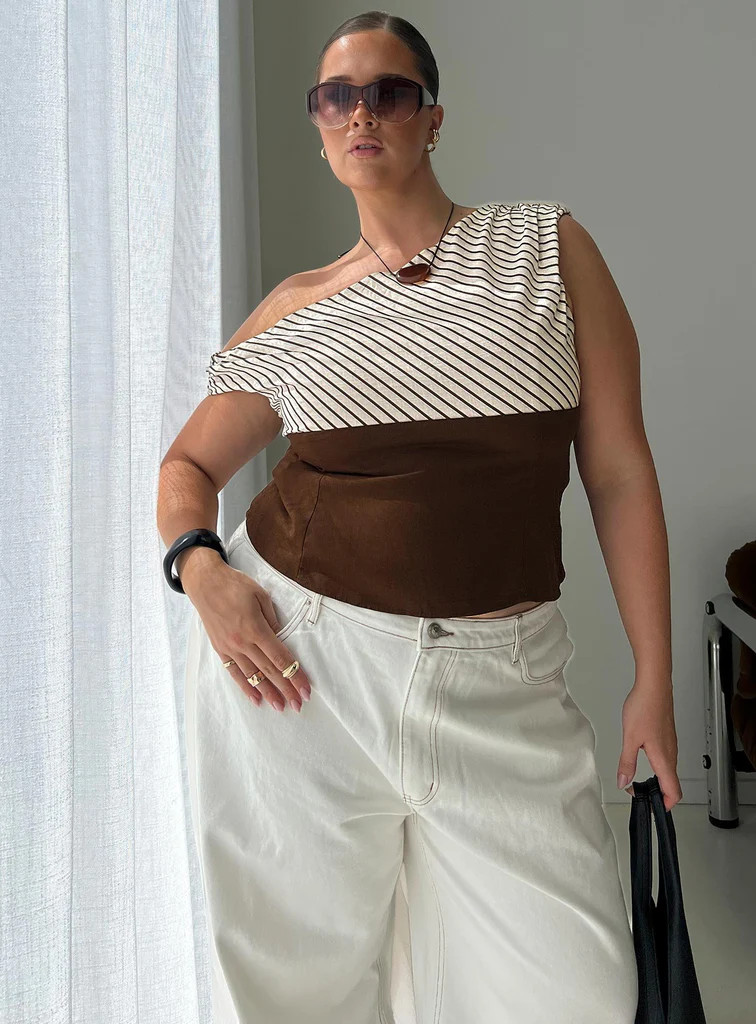 Past Life One Shoulder Top Brown / Stripe Curve | Princess Polly US