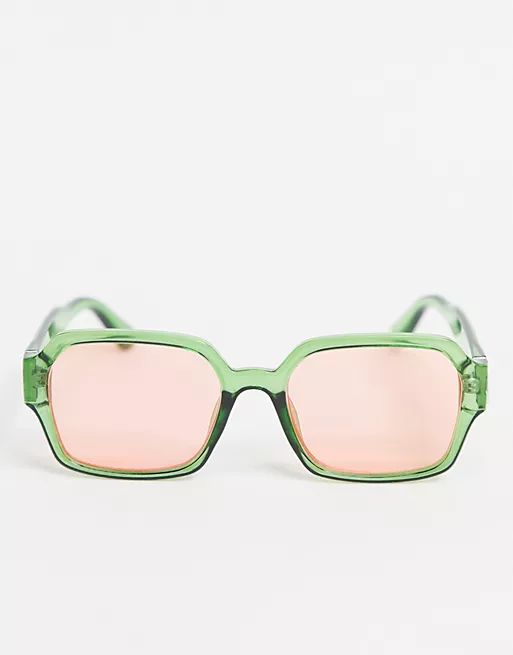 ASOS DESIGN mid square sunglasses with pink lens in green | ASOS (Global)