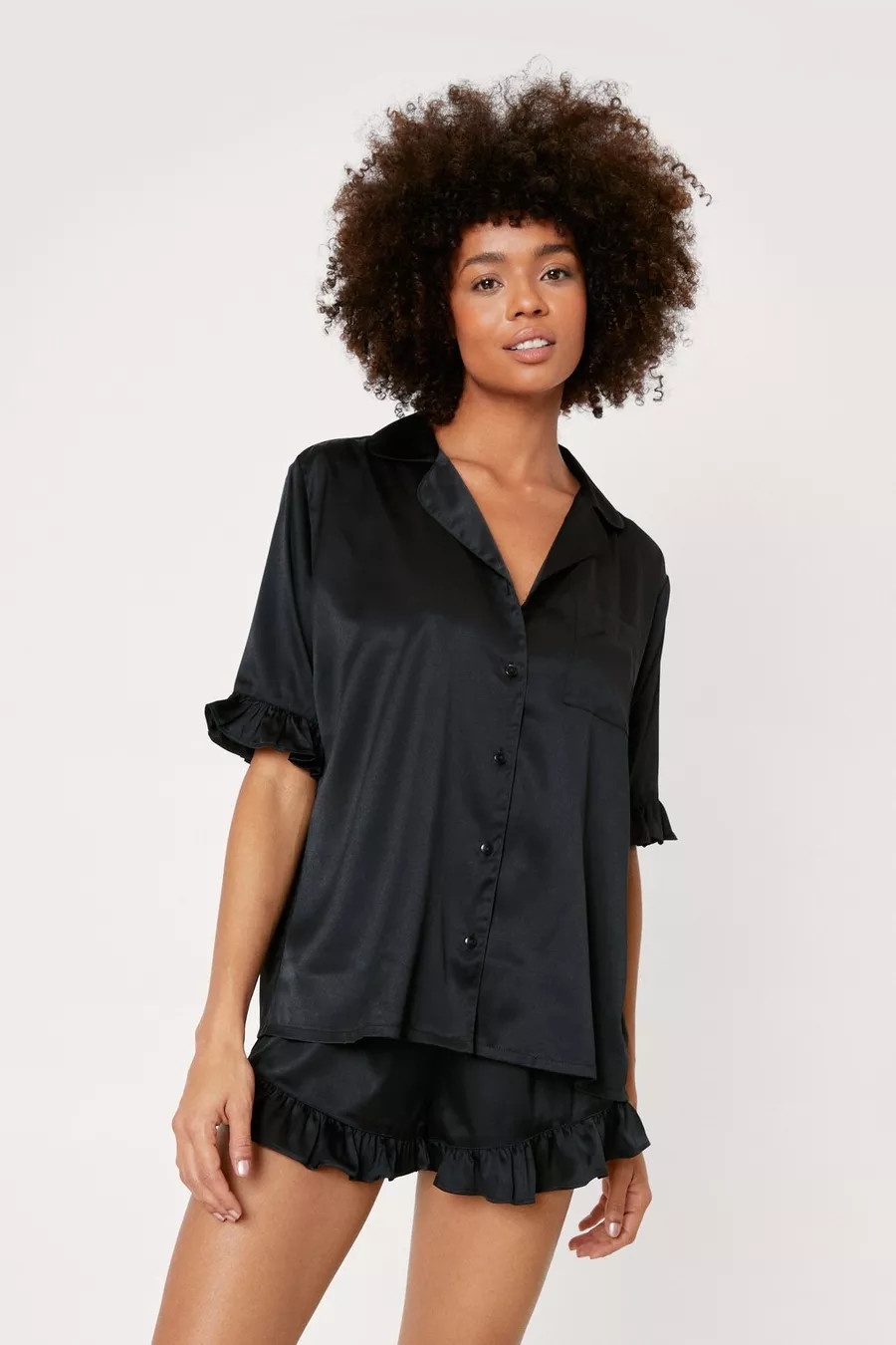 Satin Ruffle Pajama Shirt And Shorts Set | Nasty Gal US
