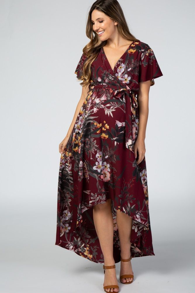 Burgundy Floral Hi-Low Maternity Midi Dress | PinkBlush Maternity