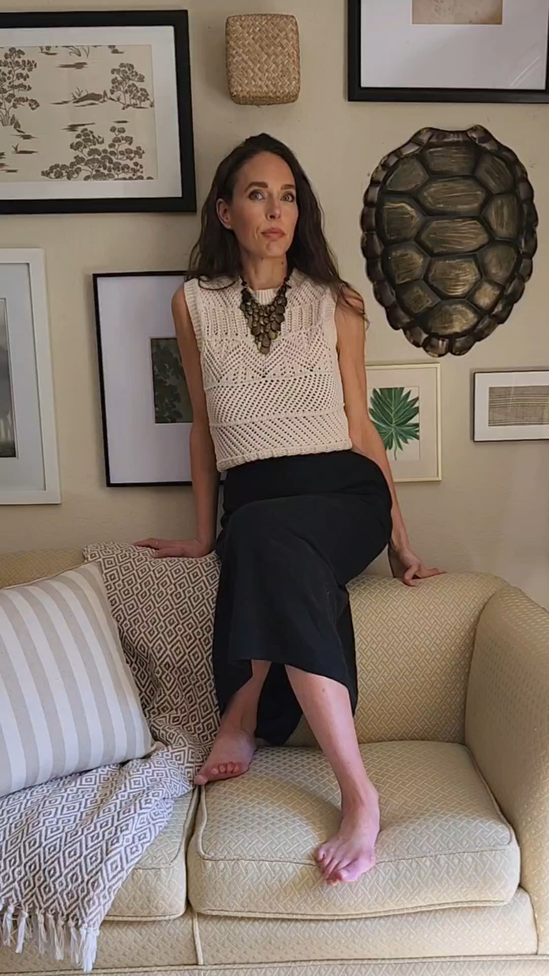 Adding the unexpected element to an outfit like a statement necklace or the home like with a turtle shell keeps things interesting for sure. Neutral style. Sleeveless knit sweater top. Crochet top. Linen skirt. Midi skirt. Black skirt. Capsule wardrobe. Statement necklace. 

#LTKootd #LTKHome #LTKSeasonal