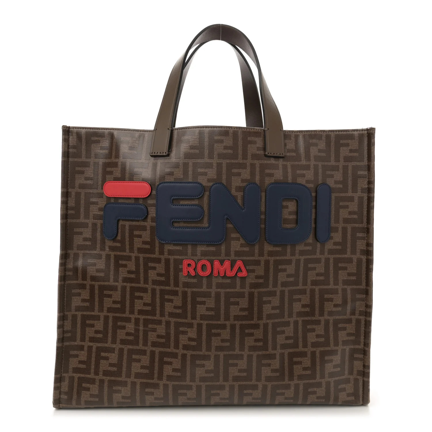 X FILA Glazed Fabric FF 1974 Mania Shopping Tote Bag Mogano Panna Blueberry | FASHIONPHILE (US)