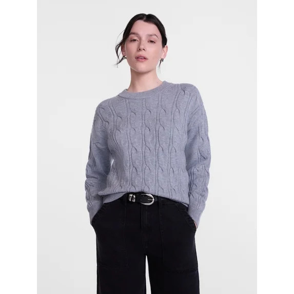 Scenario Women's Crewneck Cable Knit Mid-weight Sweater, Sizes XS-XXXL | Walmart (US)