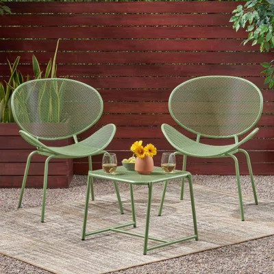 Outdoor Chat Set 3 Piece Metal Conversation Seating Mesh Design Iron Chairs, Teal | Wayfair North America