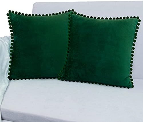 Amazon.com: PAVILIA Emerald Green Throw Pillow Covers, 18x18, Set of 2, Pom Pom | Decorative Velv... | Amazon (US)