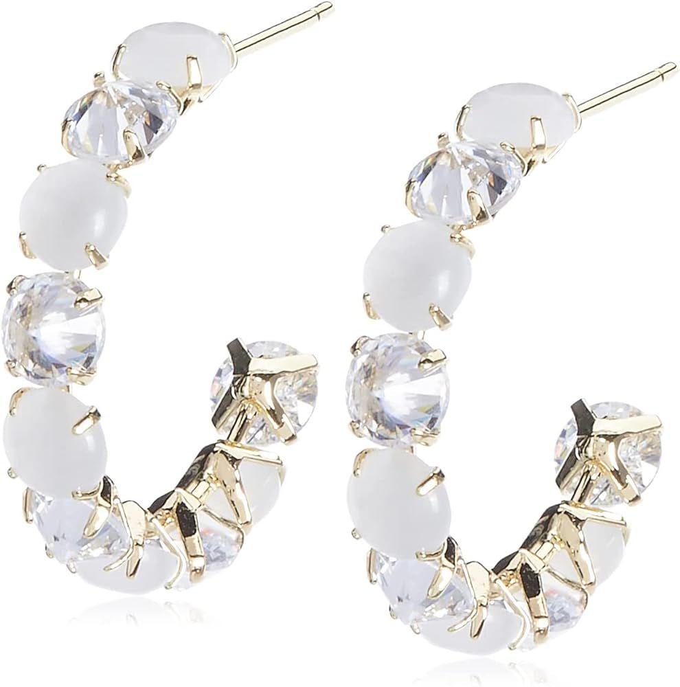 925 Sterling Silver Earrings Cubic Zirconia Opal Huggie Hoop Earrings for Women | Amazon (US)