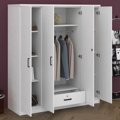 4 Door Wardrobe With 1 Drawer, Armoire Wardrobe Closet With Hanging Rod, Armoire Closet With Wooden Handles | Wayfair North America