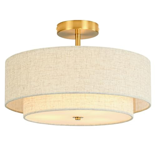 16" Semi Flush Mount Ceiling Light, 3-Light Gold Drum Ceiling Light Fixture with 2-Tier Fabric Linen Shade, Farmhouse Chandelier for Dining Room, Living Room, Bedroom, Kitchen, Hallway, Entryway | Amazon (US)