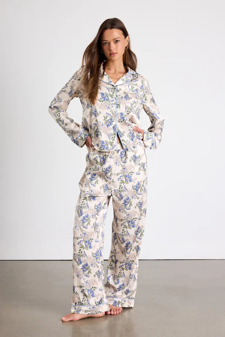 Galette Cream Multi Floral Satin Two-Piece Pajama Set | Lulus