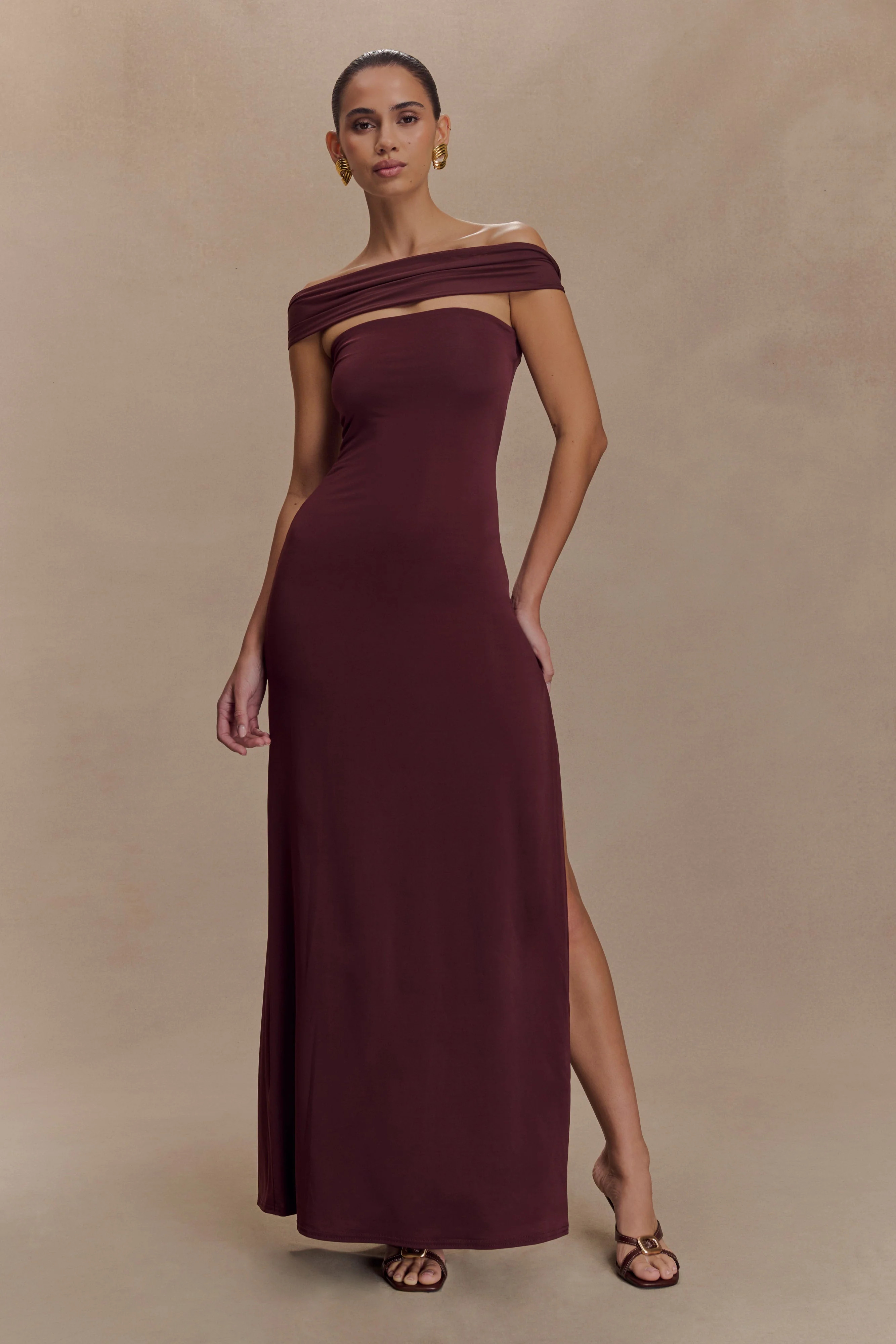 Aurora Slinky And Mesh Split Maxi Dress - Mahogany | MESHKI US