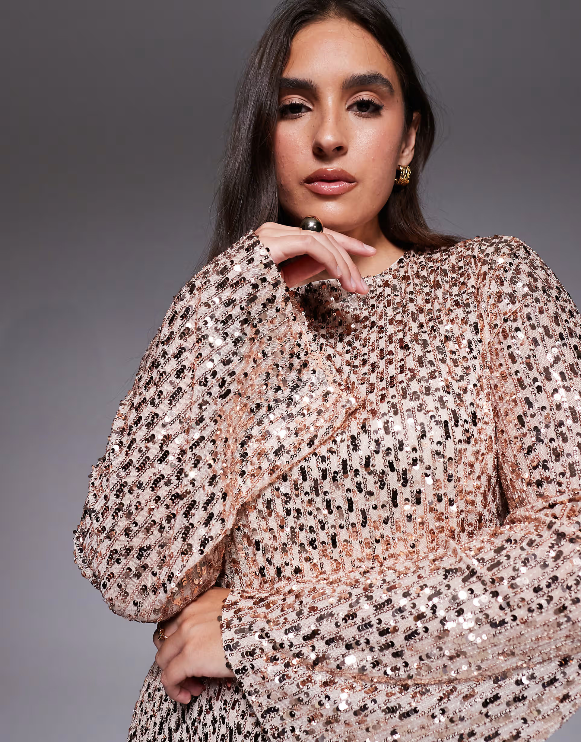 Jaded Rose Plus fluted sleeve sequin mini dress in gold | ASOS (Global)