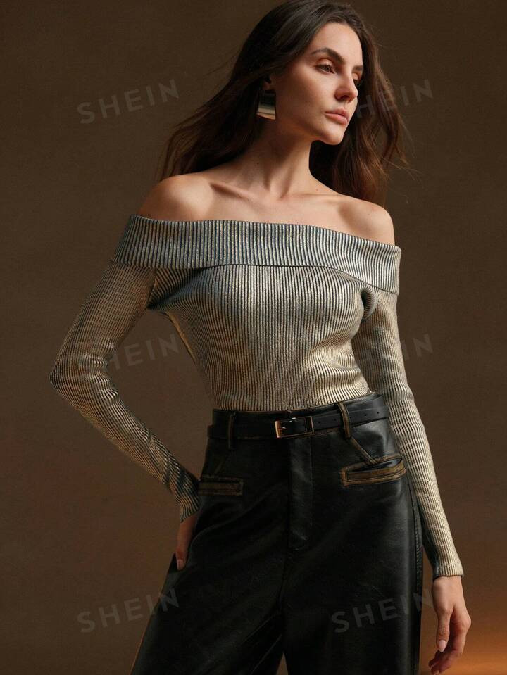 $18.29$19.29-5%Anewsta Women's Elegant Sexy Open Shoulder Metallic Foil Sweater | SHEIN