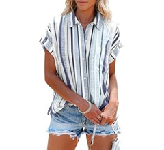 Womens Button Down Shirts Short Sleeve Summer Linen V Neck Collared Stripes Casual Blouses Tops w... | Amazon (US)